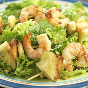 Pesto Shrimp Skewers with Hearts of Romaine